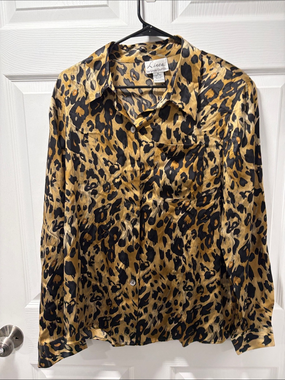 Vintage Silk Leopard Print Blouse Button Up 80s Style Detachable Shoulder Pad XL